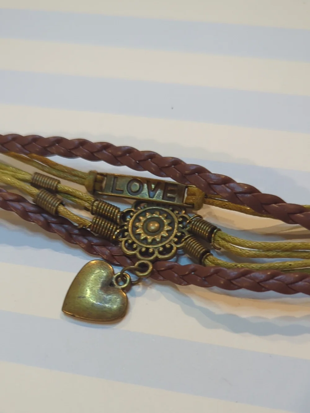 Brown Love Mandala Heart Braided Adjustable Bracelet Boho Stacking Stackable